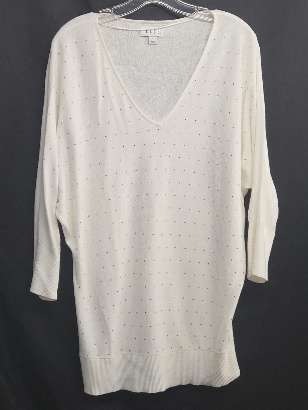 ELLE V-Neck Lightweight Sweater Tunic - Ivory with Subtle Gold Dots Size LARGE